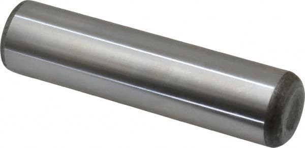 Made in USA - 1" Diam x 4" Pin Length Grade 8 Alloy Steel Standard Dowel Pin - Bright Finish, C 47-58 & C 60 (Surface) Hardness, 117,800 Lb (Single Shear), 235,600 Lb (Double Shear) Breaking Strength, 1 Beveled & 1 Rounded End - Americas Industrial Supply