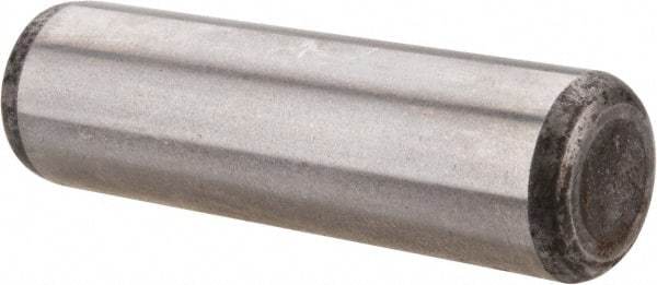 Made in USA - 7/16" Diam x 1-1/2" Pin Length Grade 8 Alloy Steel Standard Dowel Pin - Bright Finish, C 47-58 & C 60 (Surface) Hardness, 22,550 Lb (Single Shear), 45,100 Lb (Double Shear) Breaking Strength, 1 Beveled & 1 Rounded End - Americas Industrial Supply