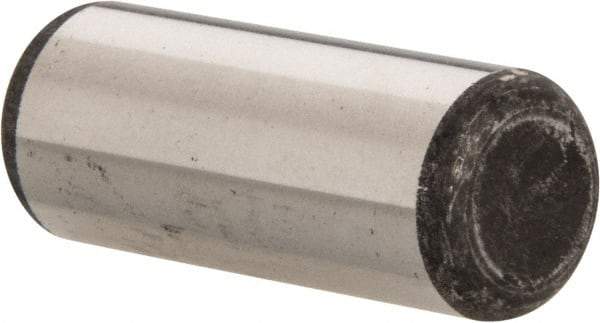 Made in USA - 1/2" Diam x 1-1/4" Pin Length Grade 8 Alloy Steel Standard Dowel Pin - Bright Finish, C 47-58 & C 60 (Surface) Hardness, 29,450 Lb (Single Shear), 58,900 Lb (Double Shear) Breaking Strength, 1 Beveled & 1 Rounded End - Americas Industrial Supply
