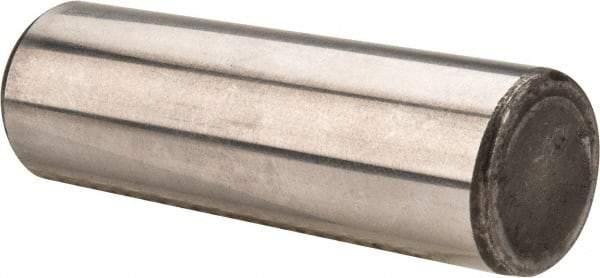 Made in USA - 5/8" Diam x 2" Pin Length Grade 8 Alloy Steel Standard Dowel Pin - Bright Finish, C 47-58 & C 60 (Surface) Hardness, 46,000 Lb (Single Shear), 92,000 Lb (Double Shear) Breaking Strength, 1 Beveled & 1 Rounded End - Americas Industrial Supply