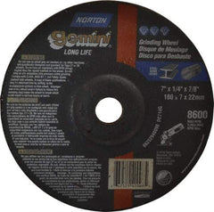 Norton - 7" Wheel Diam, 1/4" Wheel Thickness, 7/8" Arbor Hole, Type 27 Depressed Center Wheel - Aluminum Oxide, 8,600 Max RPM, Compatible with Angle Grinder - Americas Industrial Supply