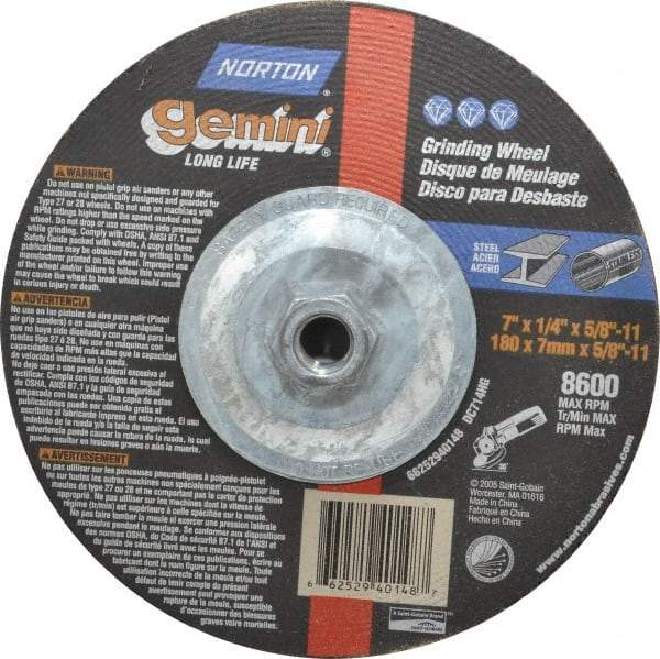 Norton - 7" Wheel Diam, 1/4" Wheel Thickness, Type 27 Depressed Center Wheel - Aluminum Oxide, 8,600 Max RPM, Compatible with Angle Grinder - Americas Industrial Supply
