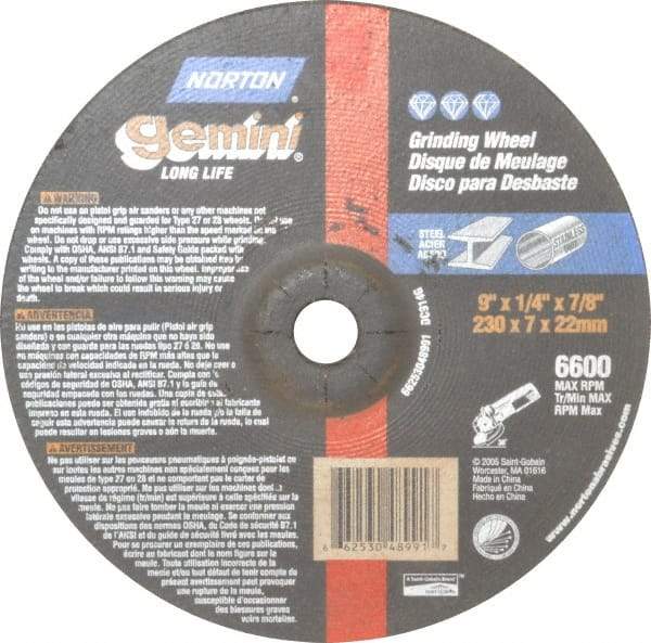 Norton - 9" Wheel Diam, 1/4" Wheel Thickness, 7/8" Arbor Hole, Type 27 Depressed Center Wheel - Aluminum Oxide, 6,600 Max RPM, Compatible with Angle Grinder - Americas Industrial Supply