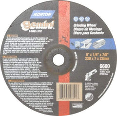 Norton - 9" Wheel Diam, 1/4" Wheel Thickness, 7/8" Arbor Hole, Type 27 Depressed Center Wheel - Aluminum Oxide, 6,600 Max RPM, Compatible with Angle Grinder - Americas Industrial Supply