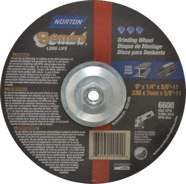 Norton - 9" Wheel Diam, 1/4" Wheel Thickness, Type 27 Depressed Center Wheel - Aluminum Oxide, 6,600 Max RPM, Compatible with Angle Grinder - Americas Industrial Supply