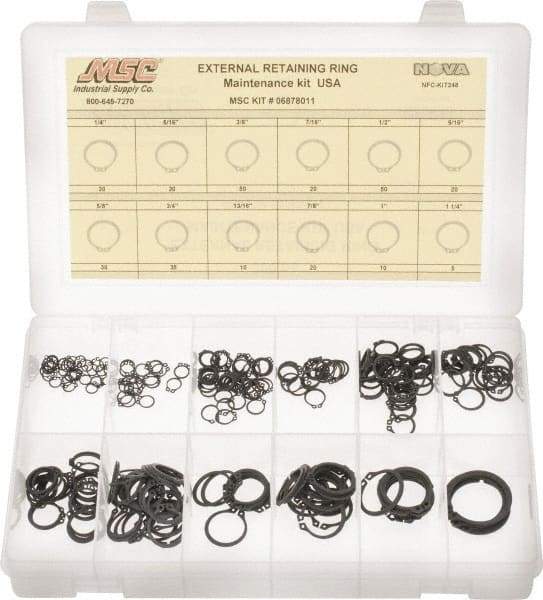 Made in USA - 300 Piece, 1/4 to 1-1/4", Steel, Snap External Retaining Ring Assortment - Includes Compartmented Case - Americas Industrial Supply