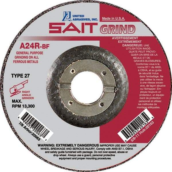 Sait - 24 Grit, 7" Wheel Diam, 1/4" Wheel Thickness, 7/8" Arbor Hole, Type 27 Depressed Center Wheel - Aluminum Oxide, Resinoid Bond, R Hardness, 8,500 Max RPM, Compatible with Angle Grinder - Americas Industrial Supply