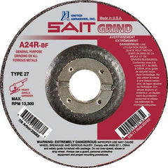 Sait - 24 Grit, 4" Wheel Diam, 1/4" Wheel Thickness, 5/8" Arbor Hole, Type 27 Depressed Center Wheel - Aluminum Oxide, Resinoid Bond, R Hardness, 13,500 Max RPM, Compatible with Angle Grinder - Americas Industrial Supply