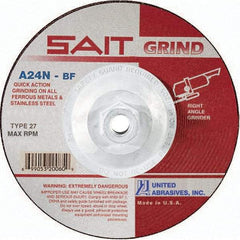 Sait - 24 Grit, 5" Wheel Diam, 1/4" Wheel Thickness, Type 27 Depressed Center Wheel - Aluminum Oxide, Resinoid Bond, N Hardness, 12,200 Max RPM, Compatible with Angle Grinder - Americas Industrial Supply