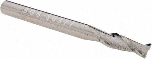 SGS - 1/8", 3/8" LOC, 1/8" Shank Diam, 1-1/2" OAL, 2 Flute, Solid Carbide Square End Mill - Single End, Uncoated, Spiral Flute, 30° Helix, Centercutting, Right Hand Cut, Right Hand Flute, Series 3 - Americas Industrial Supply