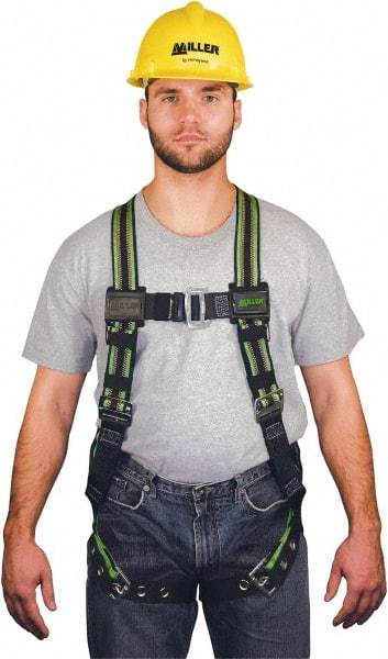 Miller - 400 Lb Capacity, Size Universal, Full Body Construction Safety Harness - Elastomer, Tongue Leg Strap, Mating Chest Strap, Green/Black - Americas Industrial Supply