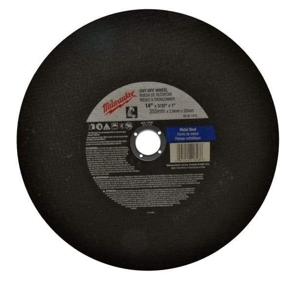 Milwaukee Tool - 14" 36 Grit Aluminum Oxide Cutoff Wheel - 3/32" Thick, 1" Arbor, 4,365 Max RPM, Use with Angle Grinders - Americas Industrial Supply