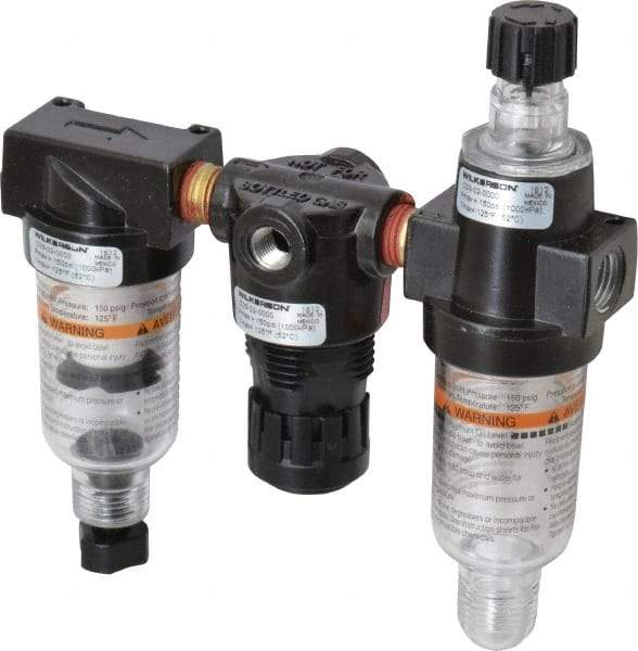 Wilkerson - 1/4" NPT Port Miniature 3 Piece Filter-Regulator-Lubricator FRL Unit - Polycarbonate Bowl, 20 SCFM, 150 Max psi, 5.98" High, Manual Drain - Americas Industrial Supply