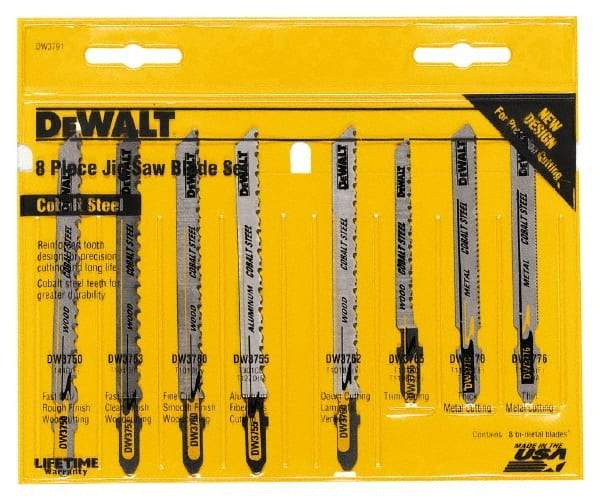 DeWALT - 8 Piece, 3" to 4" Long, 6 to 26 Teeth per Inch, Jig Saw Blade Set - T-Shank - Americas Industrial Supply