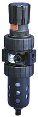 Parker - 1/4" NPT Port Intermediate 1 Piece Filter/Regulator FRL Unit - Metal Bowl, 46 SCFM, 250 Max psi, 10.38" High, Manual Drain - Americas Industrial Supply