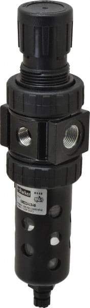 Parker - 3/8" NPT Port Compact 1 Piece Filter/Regulator FRL Unit - Polycarbonate Bowl, 40 SCFM, 150 Max psi, 8.51" High, Manual Drain - Americas Industrial Supply