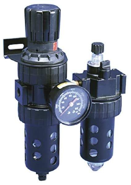 Parker - 1/2" NPT Port Standard 2 Piece Filter/Regulator-Lubricator FRL Unit - Polycarbonate Bowl, 90 SCFM, 150 Max psi, 11.76" High, Manual Drain - Americas Industrial Supply