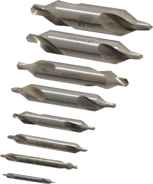 Keo - 8 Piece, #1 to 8, Plain Edge, High Speed Steel Combo Drill & Countersink Set - 60° Incl Angle - Americas Industrial Supply