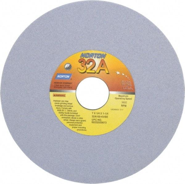 Norton - 7" Diam x 1-1/4" Hole x 1/4" Thick, K Hardness, 100 Grit Surface Grinding Wheel - Aluminum Oxide, Type 1, Fine Grade, 3,600 Max RPM, Vitrified Bond, No Recess - Americas Industrial Supply