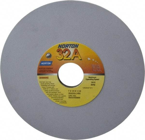 Norton - 7" Diam x 1-1/4" Hole x 1/4" Thick, L Hardness, 220 Grit Surface Grinding Wheel - Aluminum Oxide, Type 1, Very Fine Grade, 3,600 Max RPM, Vitrified Bond, No Recess - Americas Industrial Supply