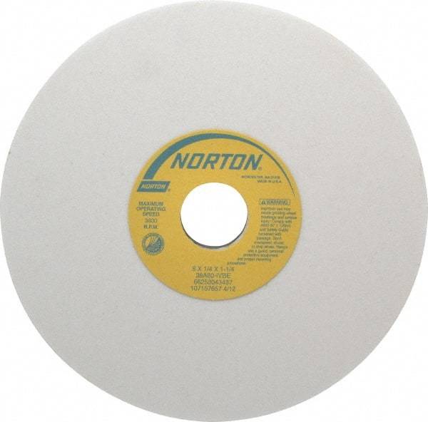 Norton - 8" Diam x 1-1/4" Hole x 1/4" Thick, I Hardness, 80 Grit Surface Grinding Wheel - Aluminum Oxide, Type 1, Medium Grade, 3,600 Max RPM, Vitrified Bond, No Recess - Americas Industrial Supply