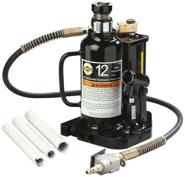 Omega Lift Equipment - 12 Ton Capacity Air-Actuated Bottle Jack - 9-1/2" to 18-1/2" High, 6" Piston Stroke, 3-1/2" Screw Length, 1-3/4" Screw Diam, 1-3/4" Plunger Diam, 6-1/2" Wide Base - Americas Industrial Supply