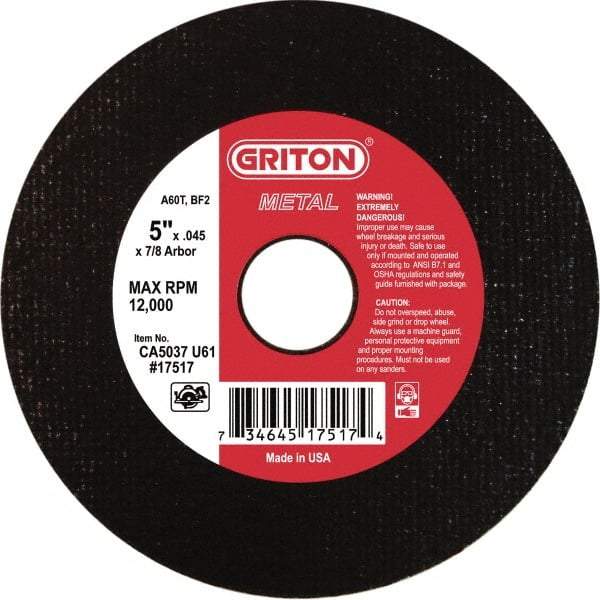 Made in USA - 5" 60 Grit Aluminum Oxide Cutoff Wheel - 0.045" Thick, 7/8" Arbor, 12,224 Max RPM, Use with Angle Grinders - Americas Industrial Supply