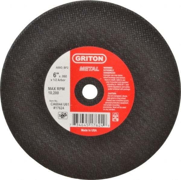 Made in USA - 6" 60 Grit Aluminum Oxide Cutoff Wheel - 0.06" Thick, 1/2" Arbor, 10,186 Max RPM, Use with Circular Saws - Americas Industrial Supply