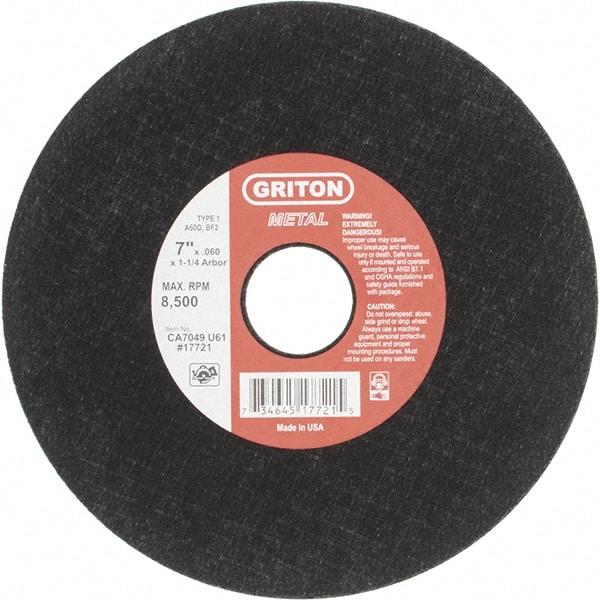 Made in USA - 7" 60 Grit Aluminum Oxide Cutoff Wheel - 0.06" Thick, 1-1/4" Arbor, 8,732 Max RPM, Use with Stationary Tools - Americas Industrial Supply