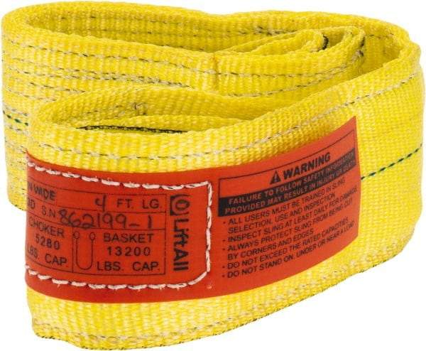 Lift-All - 4' Long x 3" Wide, 6,600 Lb Vertical Capacity, 2 Ply, Nylon Web Sling - 5,200 Lb Choker Capacity, Yellow - Americas Industrial Supply