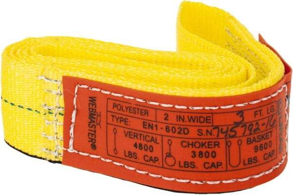 Lift-All - 3' Long x 2" Wide, 4,800 Lb Vertical Capacity, 1 Ply, Nylon Web Sling - 3,800 Lb Choker Capacity, Yellow - Americas Industrial Supply