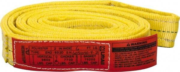 Lift-All - 6' Long x 2" Wide, 9,600 Lb Vertical Capacity, 2 Ply, Nylon Web Sling - 7,700 Lb Choker Capacity, Yellow - Americas Industrial Supply