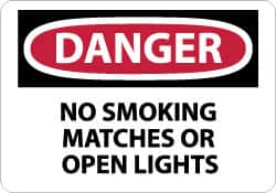 NMC - "Danger - No Smoking, Matches or Open Lights", 7" Long x 10" Wide, Pressure-Sensitive Vinyl Safety Sign - Rectangle, 0.004" Thick, Use for Accident Prevention - Americas Industrial Supply