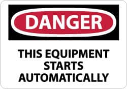 NMC - "Danger - This Equipment Starts Automatically", 10" Long x 14" Wide, Aluminum Safety Sign - Rectangle, 0.04" Thick, Use for Accident Prevention - Americas Industrial Supply