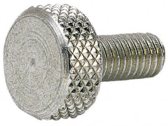 Electro Hardware - #10-32 Knurled Shoulderless Grade 1 & F Brass Thumb Screw - 9/16" OAL, 7/16" Head Diam x 3/16" Head Height, Nickel-Plated Finish - Americas Industrial Supply