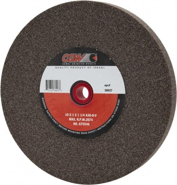 Camel Grinding Wheels - 36 Grit Aluminum Oxide Bench & Pedestal Grinding Wheel - 10" Diam x 1-1/4" Hole x 1" Thick, 2483 Max RPM, O Hardness, Very Coarse Grade , Vitrified Bond - Americas Industrial Supply