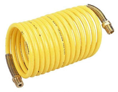 Coilhose Pneumatics - 1/4" ID, 1/4 Thread, 50' Long, Yellow Nylon Coiled & Self Storing Hose - 185 Max psi, Male Rigid x Male Swivel - Americas Industrial Supply