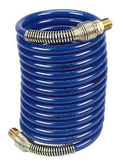 Coilhose Pneumatics - 1/4" ID, 1/4 Thread, 12' Long, Blue Nylon Coiled & Self Storing Hose - 220 Max psi, Male Swivel x Male Swivel - Americas Industrial Supply