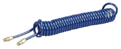 Coilhose Pneumatics - 1/4" ID, 1/4 Thread, 25' Long, Blue Polyurethane Coiled & Self Storing Hose - 125 Max psi, Male Swivel x Male Swivel - Americas Industrial Supply
