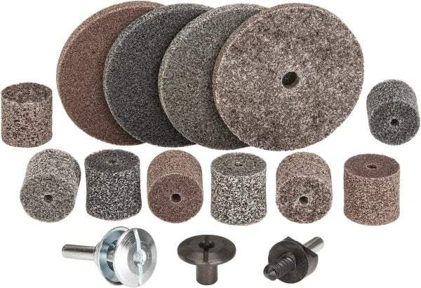 3M - 14 Piece Deburring Kit - 1 & 3" Diam Unitized Wheels in Fine, Medium & Coarse Grades, 1/4" Inch Shank Diam, Aluminum Oxide, Silicon Carbide, Mandrel Connection, Shank Included - Americas Industrial Supply