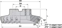 Kennametal - 4" Cut Diam, 1-1/2" Arbor Hole, 5.89mm Max Depth of Cut, 70° Indexable Chamfer & Angle Face Mill - 8 Inserts, SPHX 1205... Insert, Right Hand Cut, 8 Flutes, Series Fix-Perfect - Americas Industrial Supply