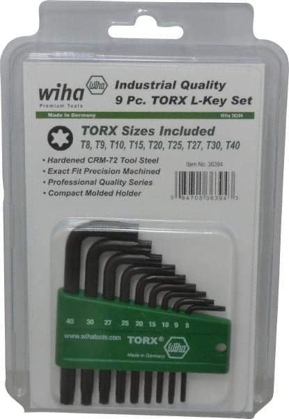 Wiha - 9 Piece T8 to T40 L-Key Short Arm Torx Key Set - T8, T9, T10, T15, T20, T25, T27, T30, T40 Torx Size - Americas Industrial Supply