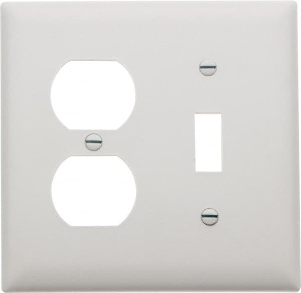 Pass & Seymour - 2 Gang, 4-1/2 Inch Long x 4-3/4 Inch Wide, Standard Combination Wall Plate - One Toggle Switch/One Duplex Outlet, White, Nylon - Americas Industrial Supply