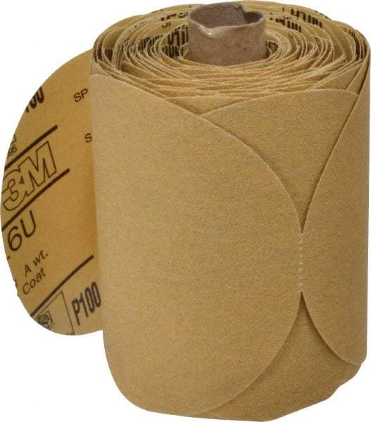 3M - 5" Diam, 100 Grit FEPA, Aluminum Oxide Adhesive PSA Disc - Fine Grade, Gold, A Weighted Backing, Flexible, Use with Random Orbital Sanders - Americas Industrial Supply