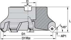 Kennametal - 5" Cut Diam, 1-1/2" Arbor Hole, 5mm Max Depth of Cut, 43° Indexable Chamfer & Angle Face Mill - 10 Inserts, OF.T64 Insert, Right Hand Cut, 10 Flutes, Through Coolant, Series KSOM - Americas Industrial Supply
