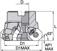 Kennametal - 3" Cut Diam, 1" Arbor Hole, 3.5mm Max Depth of Cut, 43° Indexable Chamfer & Angle Face Mill - 9 Inserts, OF.T 06L5... Insert, Right Hand Cut, 9 Flutes, Through Coolant, Series KSOM Mini - Americas Industrial Supply