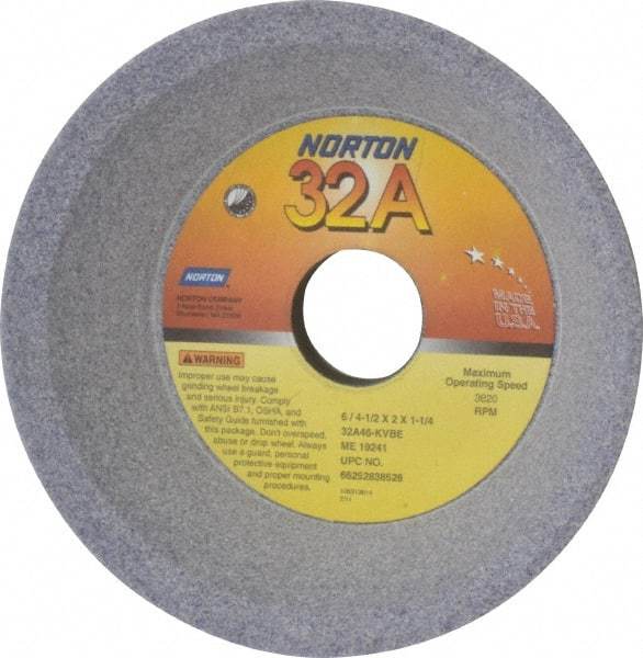 Norton - 6" Diam, 1-1/4" Hole Size, 2" Overall Thickness, 46 Grit, Type 11 Tool & Cutter Grinding Wheel - Coarse Grade, Aluminum Oxide, K Hardness, Vitrified Bond, 3,820 RPM - Americas Industrial Supply