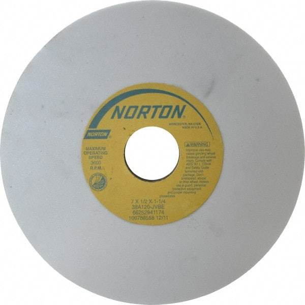 Norton - 7" Diam x 1-1/4" Hole x 1/2" Thick, J Hardness, 120 Grit Surface Grinding Wheel - Aluminum Oxide, Type 1, Fine Grade, 3,600 Max RPM, Vitrified Bond, No Recess - Americas Industrial Supply