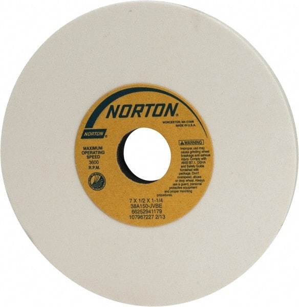 Norton - 7" Diam x 1-1/4" Hole x 1/2" Thick, J Hardness, 150 Grit Surface Grinding Wheel - Aluminum Oxide, Type 1, Very Fine Grade, 3,600 Max RPM, Vitrified Bond, No Recess - Americas Industrial Supply