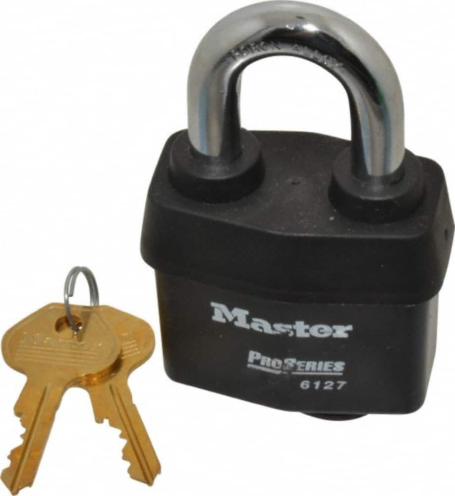 Master Lock - 1-3/8" Shackle Clearance, Keyed Alike Padlock - 7/8" Shackle Width, 7/16" Shackle Diam, Laminated Steel - Americas Industrial Supply